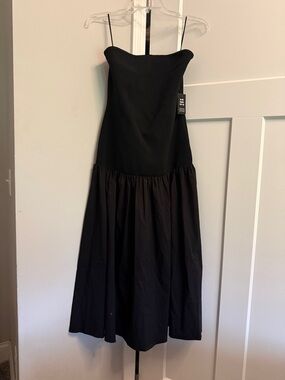 Express Black Strapless Midi Dress with Spaghetti Straps
